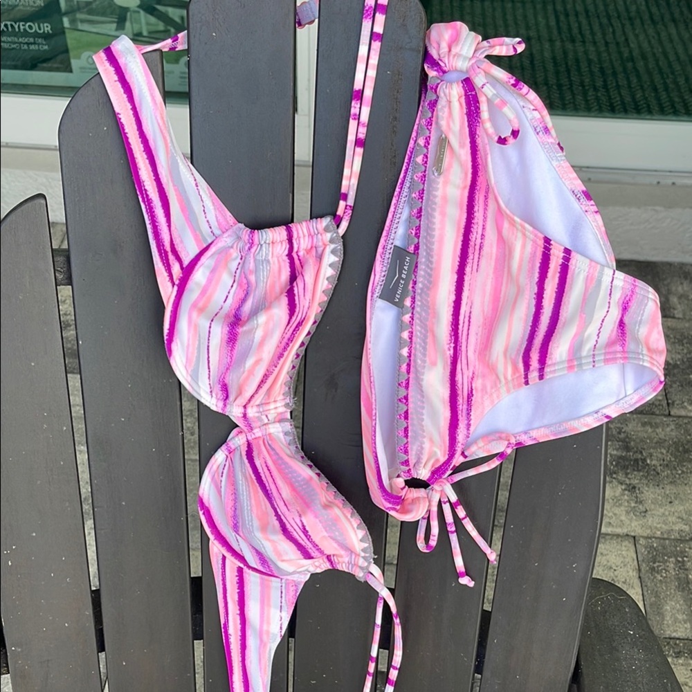 Vibrant Pink and Purple Striped Bikini Set